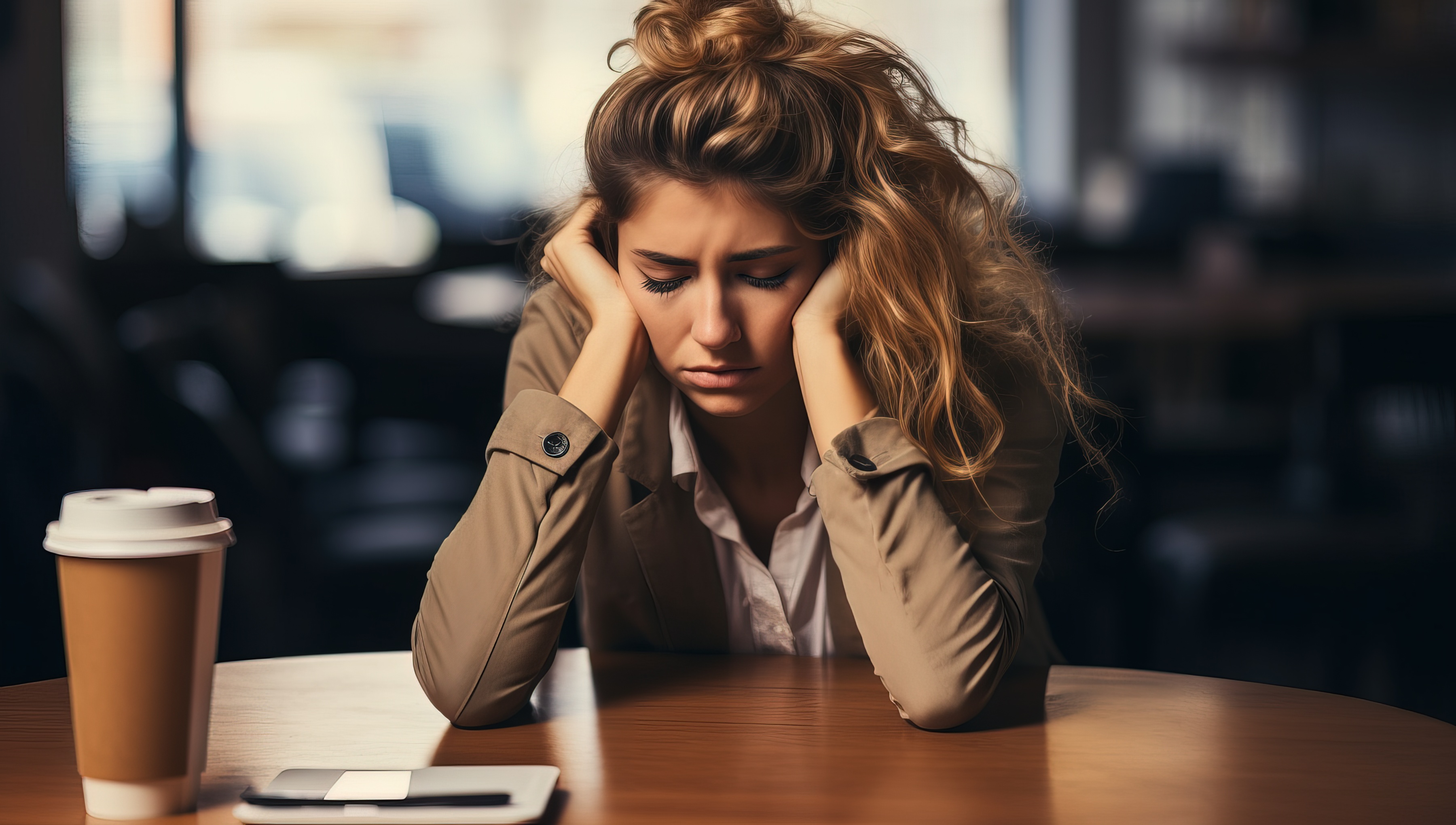 beautiful young businesswoman sitting at table in cafe and suffering from headache