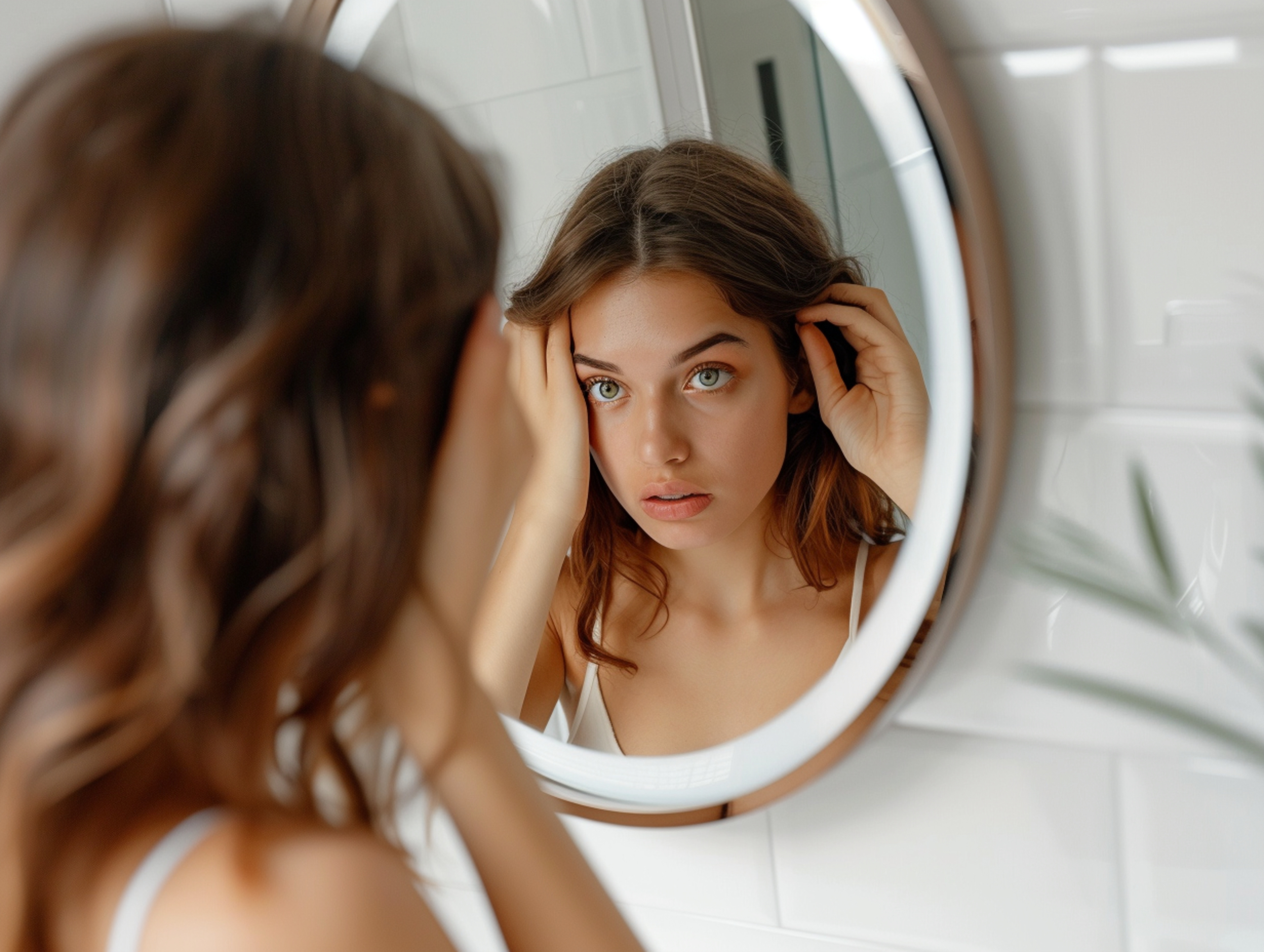 Young woman looking in mirror