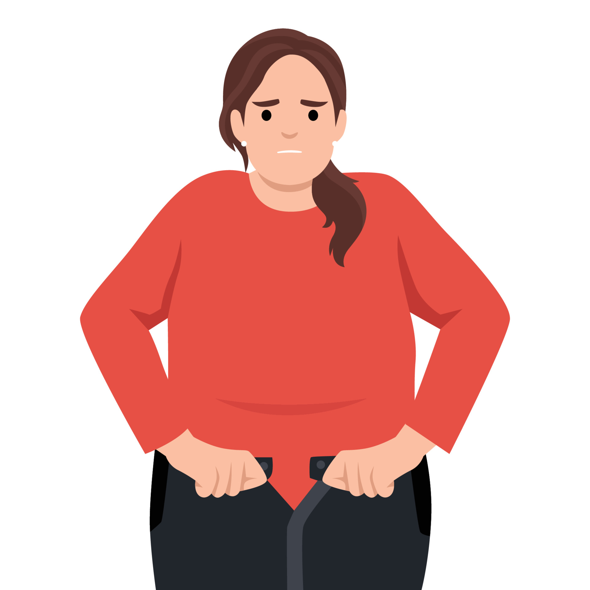 Drawing of unhappy overweight woman unable to fasten her jeans