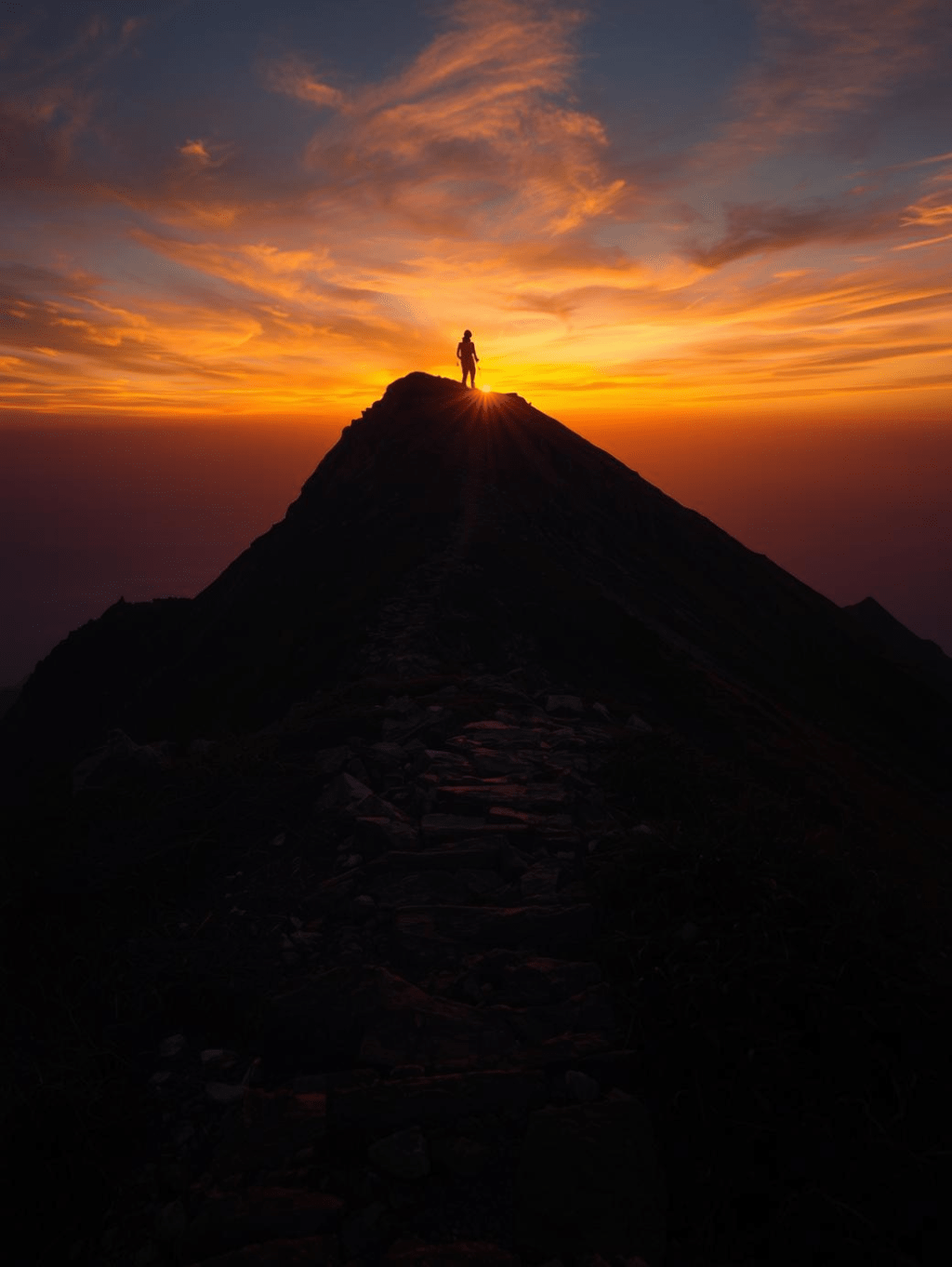 Silhouette of person on top of a mountain at sunset
