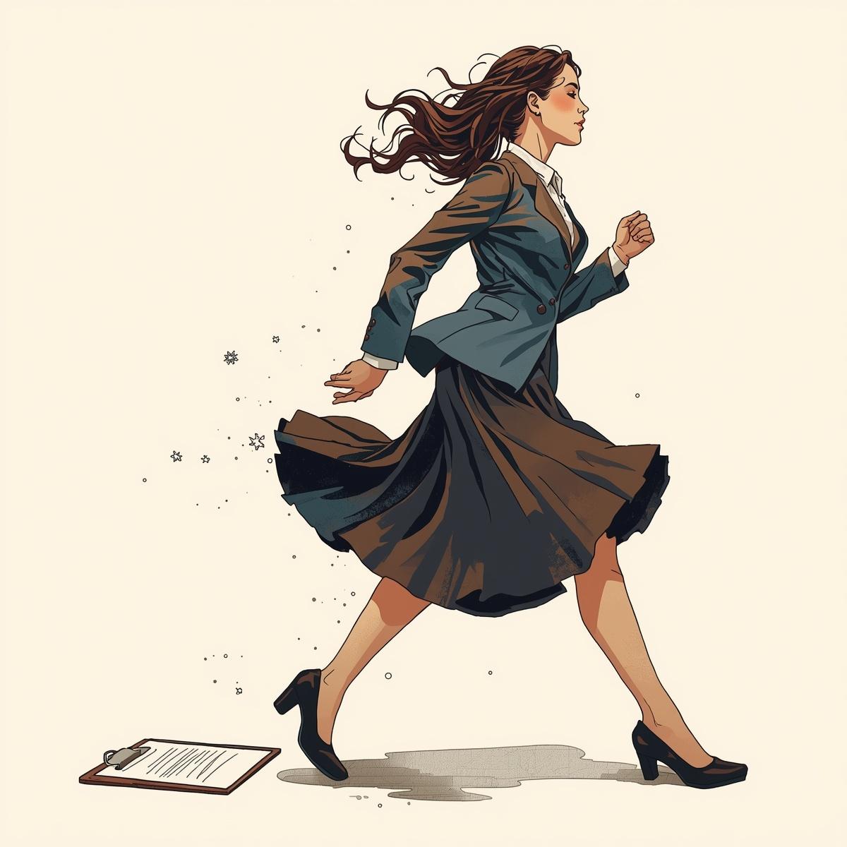 drawing of woman in business dress walking past clipboard on the ground